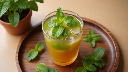 Fresh Mint Elixir: A refreshing mint drink garnished with sprigs of fresh mint on a wooden plate.