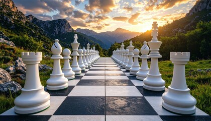 Whimsical Pathway of Giant Chess Pieces in Surreal Landscape at Sunset