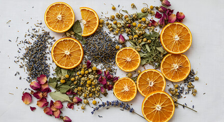 Dried Flowers Citrus Slices and Herbs Arranged on White Background