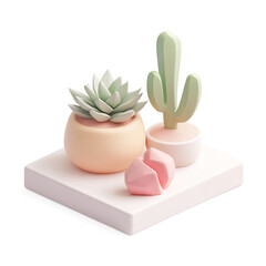 3D Stylized Potted Plants on White Platform on a Transparent Background