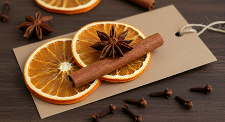 Fototapeta premium Dried Orange Slices Star Anise Cinnamon and Cloves on a Tag