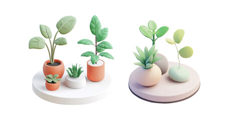 3D Stylized Potted Plants on White Platform on a Transparent Background