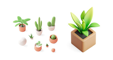 3D Stylized Potted Plants on White Platform on a Transparent Background