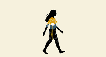 Silhouette of a woman in motion with a yellow circular motif and blue mountain pattern on her clothing