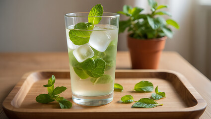 Refreshing Mint Iced Tea: A tall glass of iced tea with fresh mint leaves and ice cubes sits on a wooden tray, accompanied by a potted mint plant. The drink is light and refreshing.