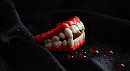Halloween-themed fake teeth on black fabric with red droplets  