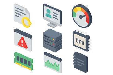 Isometric tech icons: cpu, server, analytics, warning, document, monitoring