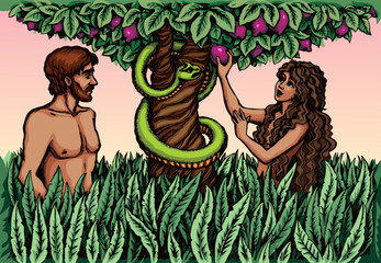 Vector drawing. Adam and Eve at the tree