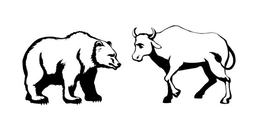 Vector drawing. Big cow and bear
