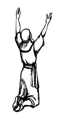 Praying man with his hands up. Vector drawing
