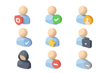 Isometric icons of diverse user profiles and status symbols