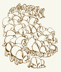 Vector drawing. People bowing befor king