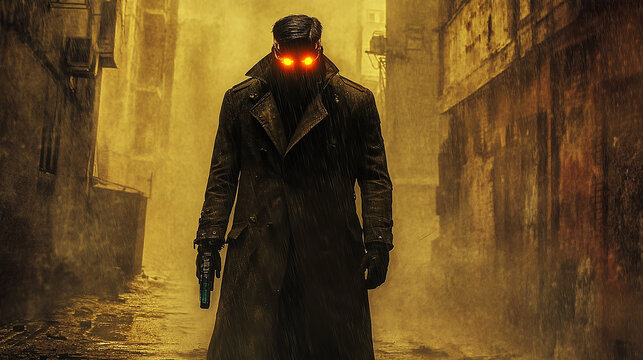 Shadow Walker in Alley: A figure, shrouded in mystery, walks through a shadowy alley. His intense eyes gleam as he navigates the twilight city, suggesting a mix of danger and enigma. 