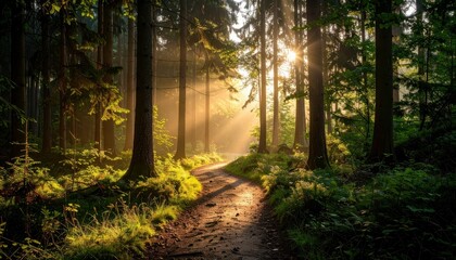 Obraz premium Winding Path Through Misty Forest at Dawn with Soft Light Filtering