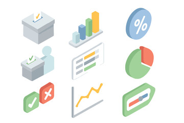 Isometric infographics with chart, graph, and voting elements in neon glow