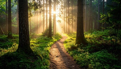 Obraz premium Winding Path Through Misty Forest at Dawn with Soft Light Filtering