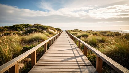 Scenic Wooden Boardwalk Pathway Through Coastal Dune Environment