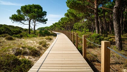 Obraz premium Serene Boardwalk Pathway Through Coastal Pine Forest Landscape