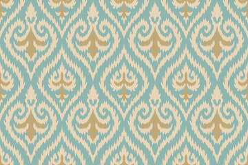 Ikat pattern in mint green and beige with traditional ethnic motifs, seamless ornamental textile design perfect for home decor, fabric print, wallpaper, digital backgrounds, and crafts.