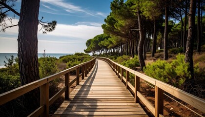 Serene Wooden Boardwalk Pathway Through Coastal Pine Forest