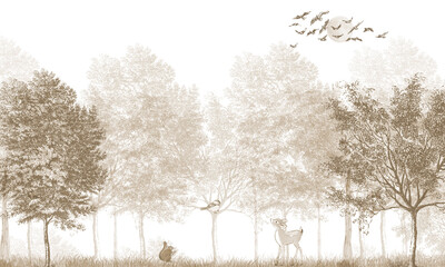 Aged Wildlife Wall Mural: Faded Sepia Deer, Trees & Abstract Forest Background