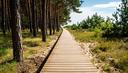 Obraz premium Scenic Wooden Boardwalk Pathway Through Coastal Pine Forest