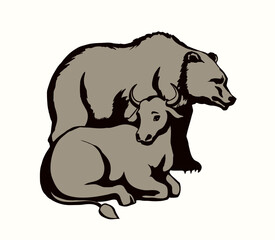 Vector drawing. Cute big cow with bear
