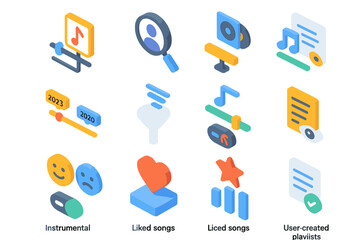 Colorful isometric music app icons with playlist and instrumental themes