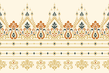 Seamless vertical ikat pattern with ornamental floral and geometric shapes in beige, olive, and rust tones, ethnic textile design perfect for fabric, wallpaper, boho decor, and digital print use.