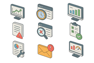 Colorful isometric business icons featuring analytics and tools