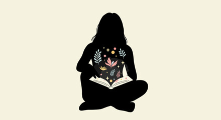 Silhouette of person reading a book with floral design on black top