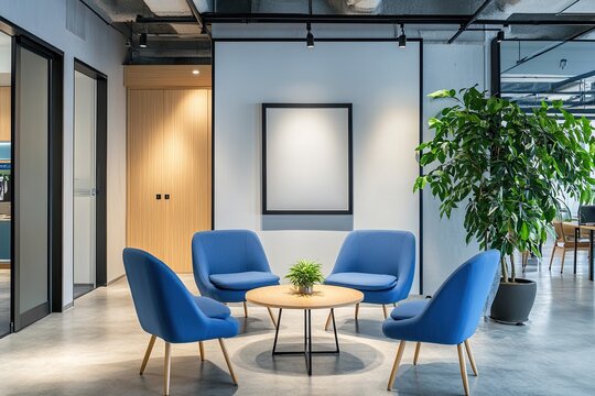 Modern, minimalist office waiting area with four blue armchairs arranged around a small, round table.  A blank canvas hangs on a white wall.  Plants and natural light enhance the space