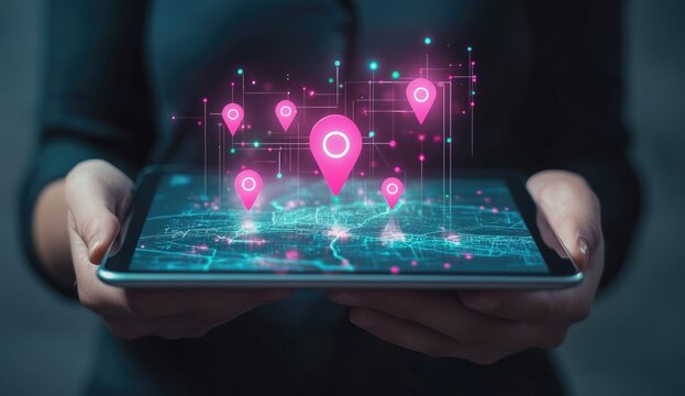 Hands hold tablet, glowing map with pink location pins