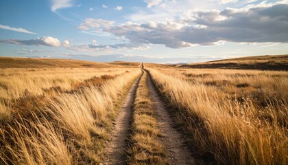 Fototapeta premium Worn Pathway Through Vast Prairie and Tall Grass Under Big Sky