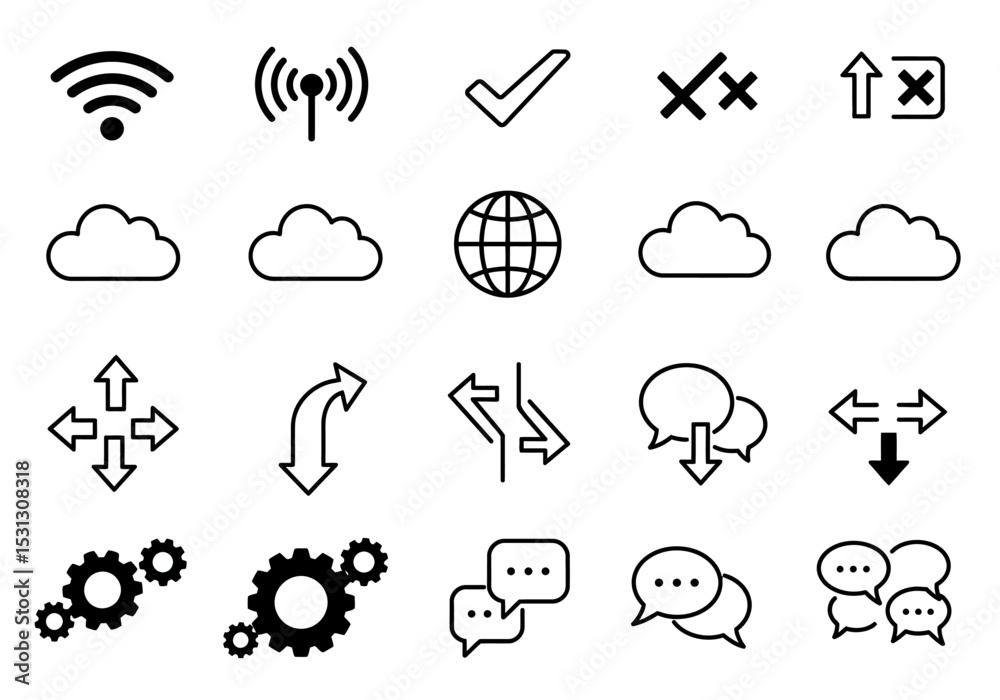 Poster illustrations of cloud networking and related functionality icons including wireless signal and comm