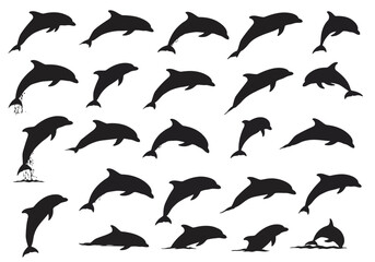 Naklejka premium A Collection of Dolphin Silhouettes in Various Positions and Shapes Showcasing Marine Mammals and Their Aquatic Movements in a Playful Display