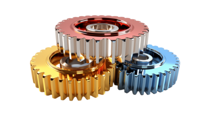Three metallic gears interlocking and stacked on top of each other on a solid transparent background