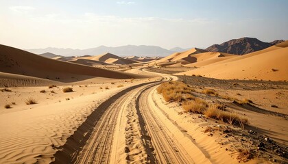 Worn Pathway Through Vast Empty Desert with Distant Sand Dunes