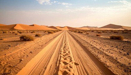 Worn Pathway Through Vast Empty Desert with Distant Sand Dunes