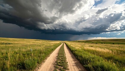 Fototapeta premium Worn Pathway Through Vast Empty Grassland Under Distant Storm Clouds
