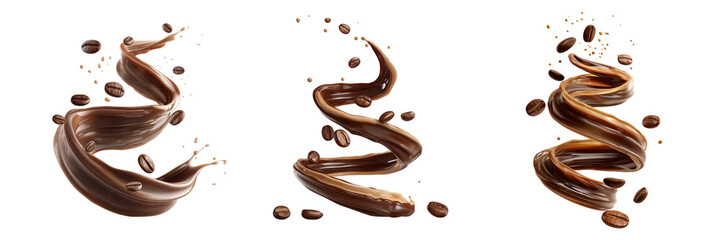 A dynamic swirl of coffee and flying coffee beans on transparent background