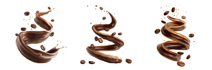 A dynamic swirl of coffee and flying coffee beans on transparent background