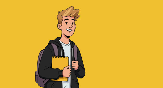 Young man with light brown hair in black hoodie and purple backpack holding yellow notepad and pen