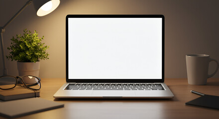 Fototapeta premium Laptop Workspace Illuminated by Desk Lamp at Night