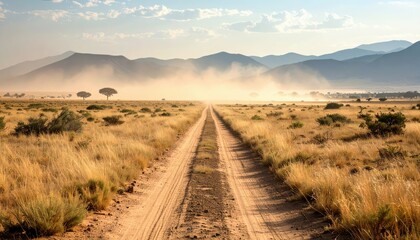 Naklejka premium Dusty Pathway Through Vast Empty Plain Under Hazy Distant Mountains