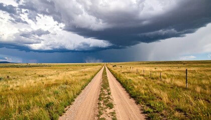 Naklejka premium Dramatic Storm Clouds Over Worn Dirt Pathway in Vast Empty Plain