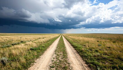 Fototapeta premium Vast Empty Pathway Through Dramatic Storm Clouds Over Plain