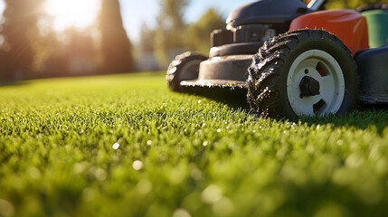 Fototapeta premium Lawn mower cutting grass in sunny garden at sunset (1)