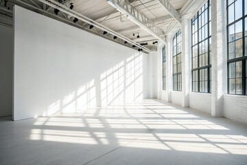 Obraz premium Panoramic abstract white background for product presentation with sunlight and blurred shadows wall. 