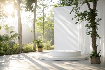 Panoramic abstract white background for product presentation with sunlight and blurred shadows wall. 
